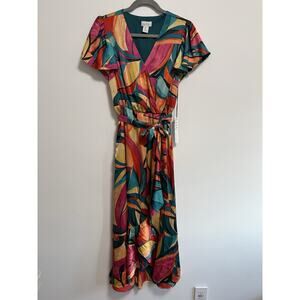 Nicole Miller Abstract Floral Wrap Dress Satin Tie Midi Cap Sleeve Lined Size Sm